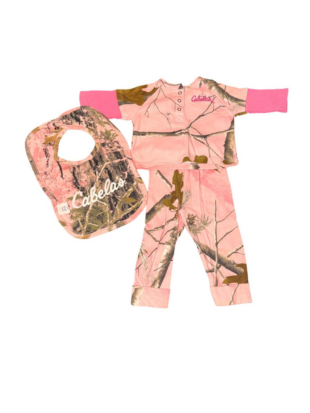 Cabela's Pink Camo Outfit & matching Baby Bib Set Size 3Months
